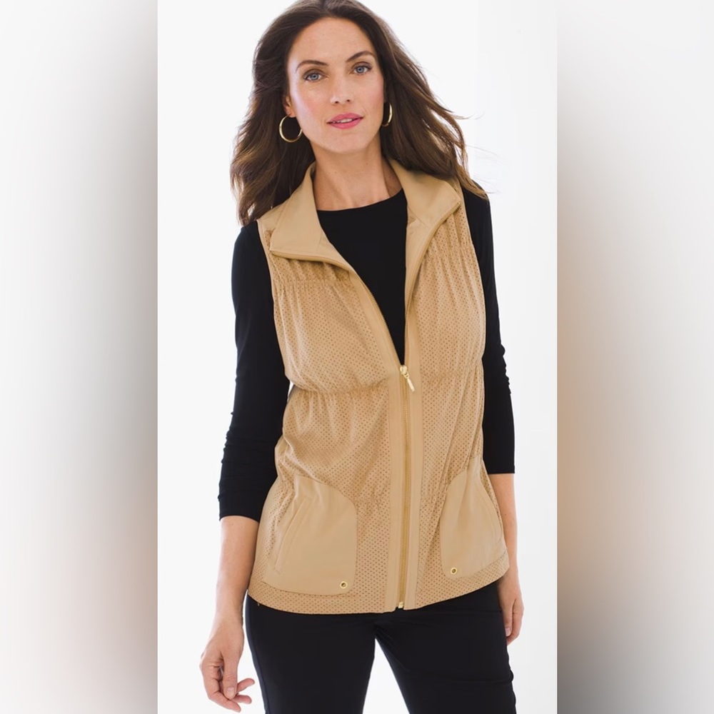 ZENERGY By Chico’s Sage Perforated Vest Jacket Arabia Camel Tan Brown Beige Coat